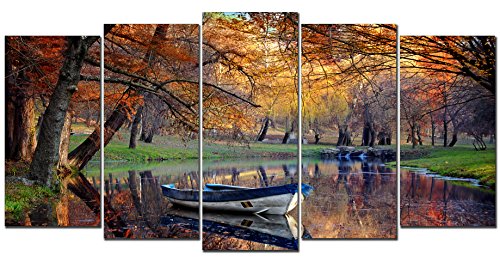 DekoArte 156 - Cuadros Modernos Impresión de Imagen Artística Digitalizada | Lienzo Decorativo Para Tu Salón o Dormitorio | Estilo Paisaje Otoño Agua Tonos Marrones Naturaleza | 5 Piezas 200x100cm XXL