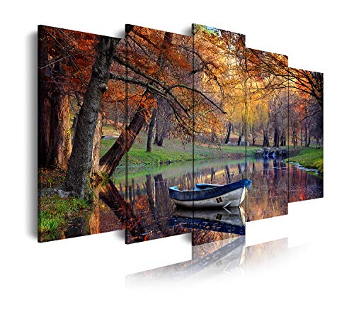 DekoArte 156 - Cuadros Modernos Impresión de Imagen Artística Digitalizada | Lienzo Decorativo Para Tu Salón o Dormitorio | Estilo Paisaje Otoño Agua Tonos Marrones Naturaleza | 5 Piezas 200x100cm XXL