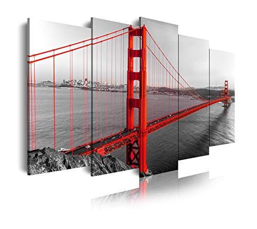 DekoArte 181 - Cuadros Modernos Impresión de Imagen Artística Digitalizada | Lienzo Decorativo para Tu Salón o Dormitorio | Estilo Ciudades EEUU Golden Gate San Francisco | 5 Piezas 200 x 100 cm XXL