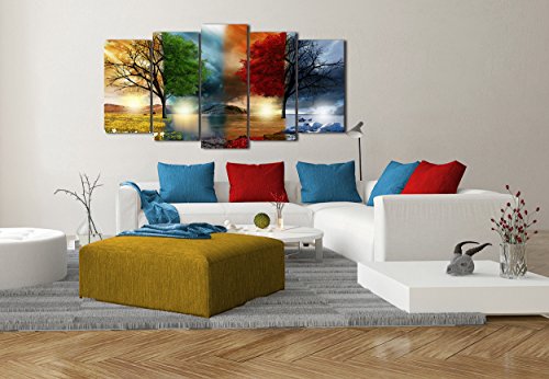 DekoArte 243 - Cuadros Modernos Impresión de Imagen Artística Digitalizada | Lienzo Decorativo para Salón o Dormitorio | Estilo Paisaje Cuatro Estaciones del año Árboles Rojo | 5 Piezas 200x100cm XXL