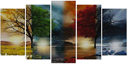 DekoArte 243 - Cuadros Modernos Impresión de Imagen Artística Digitalizada | Lienzo Decorativo para Salón o Dormitorio | Estilo Paisaje Cuatro Estaciones del año Árboles Rojo | 5 Piezas 200x100cm XXL