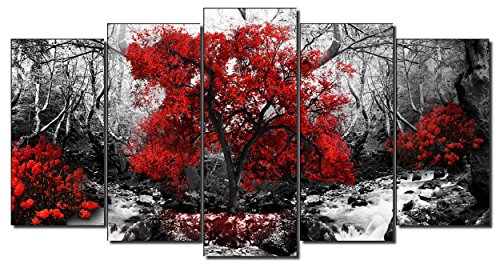 DekoArte 267 - Cuadros Modernos Impresión de Imagen Artística Digitalizada | Lienzo Decorativo para Tu Salón o Dormitorio | Estilo Naturalez Blanco y Negro con Árboles Rojos | 5 Piezas 200x100cm XXL