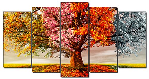 DekoArte 404 - Cuadros Modernos Impresión de Imagen Artística Digitalizada | Lienzo Decorativo Para Tu Salón o Dormitorio | Estilo Paisaje Árboles Cuatro Estaciones Del Año | 5 Piezas 200 x 100 cm XXL