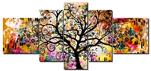 DekoArte 429 - Cuadros Modernos Impresión de Imagen Artística Digitalizada | Lienzo Decorativo para Salón o Dormitorio | Estilo Abstracto Arte Árbol de la Vida de Gustav Klimt | 5 Piezas 180x85cm XXL