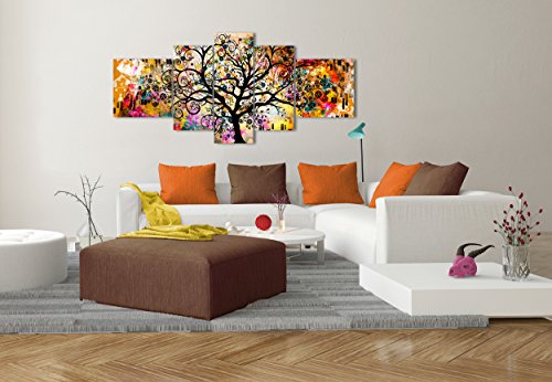 DekoArte 429 - Cuadros Modernos Impresión de Imagen Artística Digitalizada | Lienzo Decorativo para Salón o Dormitorio | Estilo Abstracto Arte Árbol de la Vida de Gustav Klimt | 5 Piezas 180x85cm XXL