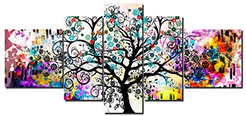 DekoArte 510 - Cuadros Modernos Impresión de Imagen Artística Digitalizada | Lienzo Decorativo para Salón o Dormitorio | Estilo Abstracto Arte Árbol de la Vida de Gustav Klimt | 5 Piezas 180x85cm XXL