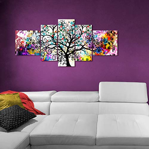 DekoArte 510 - Cuadros Modernos Impresión de Imagen Artística Digitalizada | Lienzo Decorativo para Salón o Dormitorio | Estilo Abstracto Arte Árbol de la Vida de Gustav Klimt | 5 Piezas 180x85cm XXL