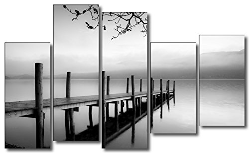 DekoArte 91 - Cuadros Modernos Impresión de Imagen Artística Digitalizada | Lienzo Decorativo para Salón o Dormitorio | Estilo Zen Blanco y Negro con Paisaje de Agua Embarcadero | 5 Piezas 150x100cm
