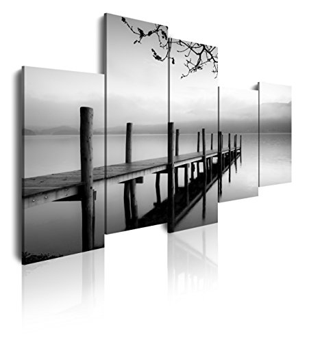 DekoArte 91 - Cuadros Modernos Impresión de Imagen Artística Digitalizada | Lienzo Decorativo para Salón o Dormitorio | Estilo Zen Blanco y Negro con Paisaje de Agua Embarcadero | 5 Piezas 150x100cm