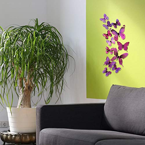 DEKOWEAR 3D Mariposas conjunto realista de 12 Decoración de la pared con Puntos de Adhesivo para fijar la pared Decoración de la pared etiqueta de la pared Decal (Púrpura)