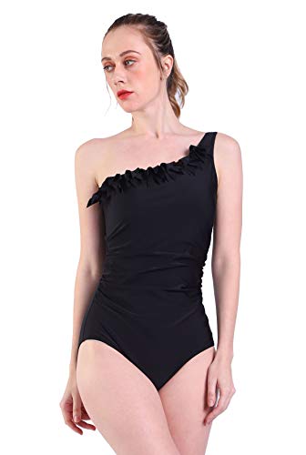 DELEY Mujeres Flor Oblicua Acolchado Traje De Baño Bikini Monokini Beachwear Negro Tamaño 2XL
