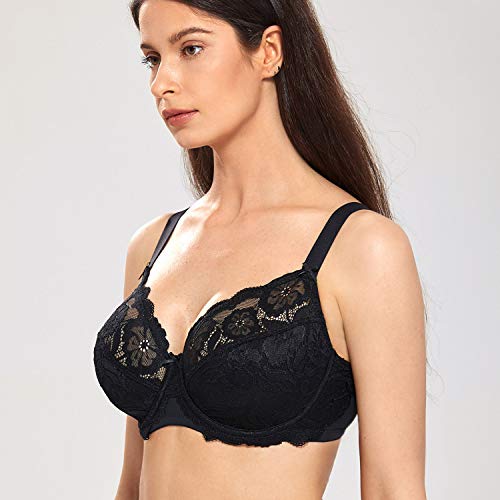 DELIMIRA - Sujetador Copa Completa En Encaje Elástico Floral para Mujer Negro 105C