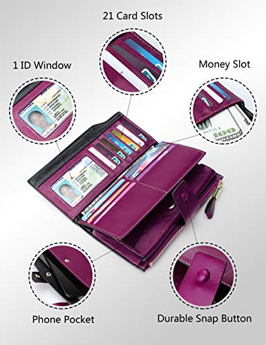 Demon&Hunter Monedero Piel Mujer RFID Bloqueo Gran Capacidad Cera Cuero Cartera Monedero Púrpura DZA2083V