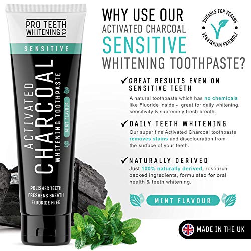 Dentífrico blanqueador para dientes sensibles de carbón activo – Reducir la sensibilidad – Seguro para el esmalte – 100% ingredientes naturales – Sabor a menta – Fabricado por Pro Teeth Whitening Co.