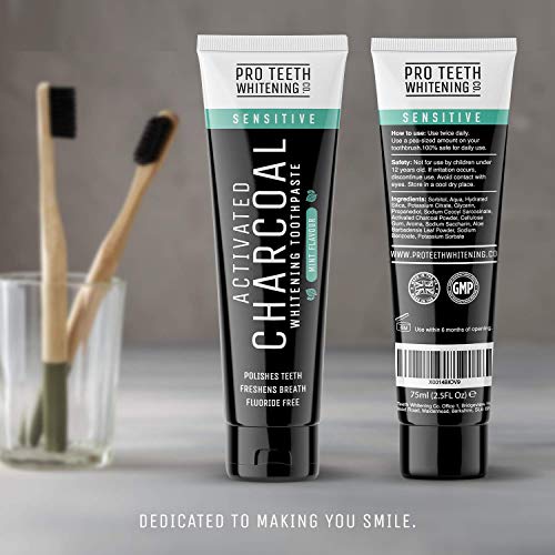 Dentífrico blanqueador para dientes sensibles de carbón activo – Reducir la sensibilidad – Seguro para el esmalte – 100% ingredientes naturales – Sabor a menta – Fabricado por Pro Teeth Whitening Co.