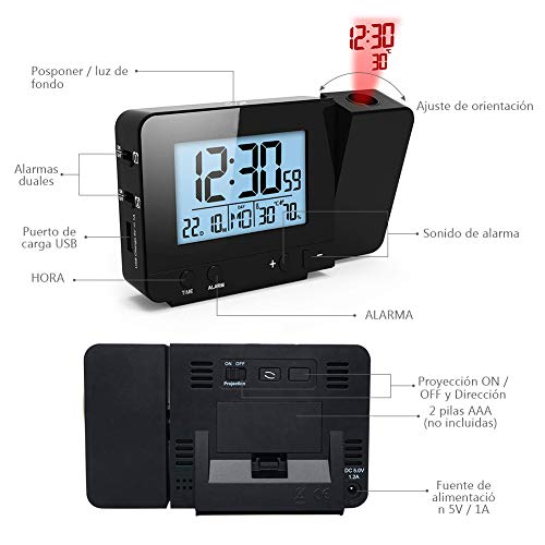 Deofde Despertador Proyector, Reloj Despertador Digital con Pantalla LCD Grande, Reloj Proyección Digital con Alarmas Dobles, Reloj Mesita de Noche, Reloj Proyector Techo, Termómetro Interior