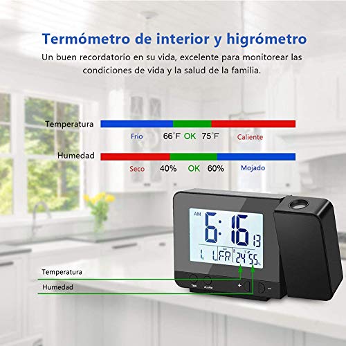 Deofde Despertador Proyector, Reloj Despertador Digital con Pantalla LCD Grande, Reloj Proyección Digital con Alarmas Dobles, Reloj Mesita de Noche, Reloj Proyector Techo, Termómetro Interior