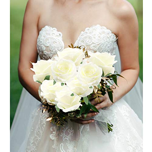 Derbway 4PCS Rosas Artificiales Flor De Seda, 14.17’’ Ramo de Flores de Tacto Real de un Solo Tallo para Fiesta, Boda, Hogar, Decoración de Hotel (Blanco)
