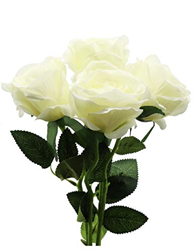 Derbway 4PCS Rosas Artificiales Flor De Seda, 14.17’’ Ramo de Flores de Tacto Real de un Solo Tallo para Fiesta, Boda, Hogar, Decoración de Hotel (Blanco)