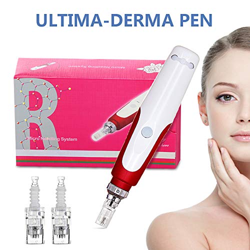Derma Pen, tipo de bayoneta ajustable de 0.25-2.0mm con cartuchos de 2 piezas, para rostro y cuerpo, rojo
