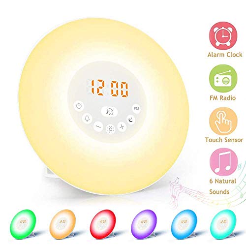 Dersoy Wake Up Light Despertador Luz, Simulación del Amanecer y Anochecer Luz LED,7 Luces de Colores, 10 Niveles de Brillo, Función Snooze, 6 Sonidos Naturales, Radio FM