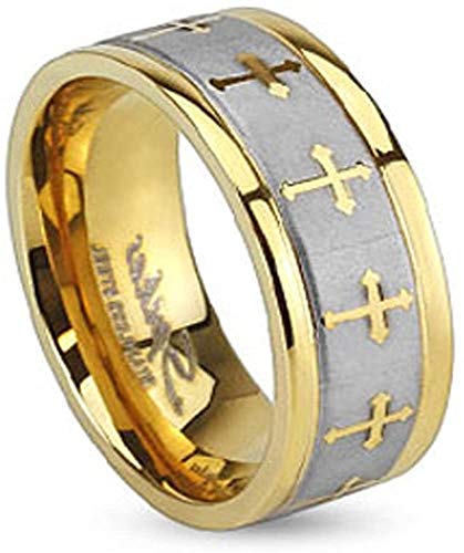 Desconocido Celtic Cross Gold IP Stainless Steel Ring with Brushed Center Two Tone Ring 8mm Size 22