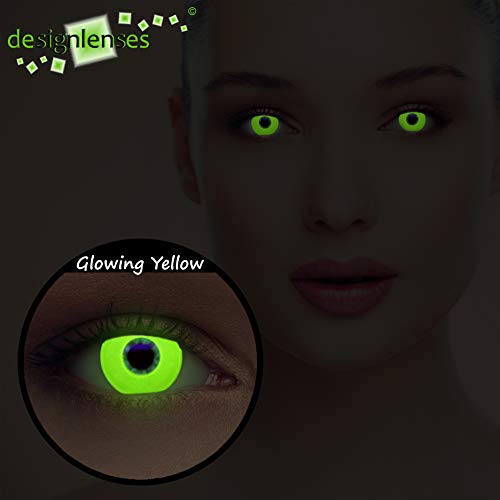 Designlenses, Dos luminoso (debajo luz negra) UV lentillas de fluorescente colores amarilla relumbrar costume lentes amarillas sin dioprtías + gratis caso de lente „Glowing Yellow"