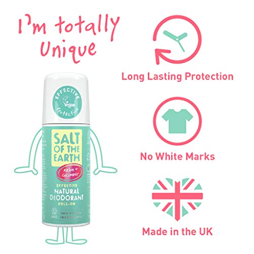Desodorante natural Roll On por Salt of the Earth, Melón y Pepino, vegano, protección de larga duración, no probado en animales, sin parabenos, fabricado en el Reino Unido – 75 ml