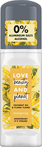 Desodorante roll-On Love Beauty And Planet Energizing para el cuidado de las axilas, aceite de coco y ylang Ylang Flower sin aluminio, 1 unidad (50 ml)