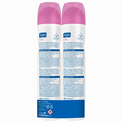 Desodorante spray Sanex Dermo Invisible 24H protección antimanchas 2x200ml Precio especial