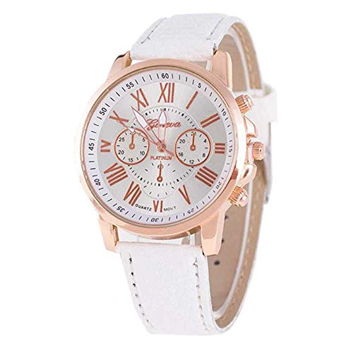 Despacho de Moda Reloj! WSSVAN Ginebra Damas cáscara Dorada Beige Tres Ojos números Romanos cinturón Femenino Reloj Moda Mujer Escala Romana Reloj de Mujer (Blanco)