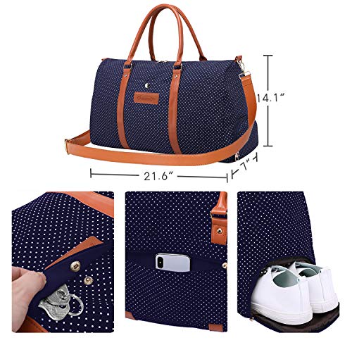 DESPERT Bolso de Fin de Semana para Mujer, Bolso de Lona de Viaje, Bolso de Lona de Noche, Bolso de Mano para Gimnasio con Correa para el Hombro y Manga de la Carretilla Trasera (Negro) (Azul Oscuro)