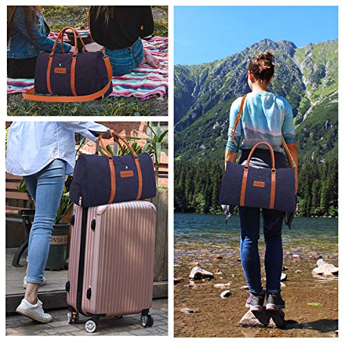 DESPERT Bolso de Fin de Semana para Mujer, Bolso de Lona de Viaje, Bolso de Lona de Noche, Bolso de Mano para Gimnasio con Correa para el Hombro y Manga de la Carretilla Trasera (Negro) (Azul Oscuro)