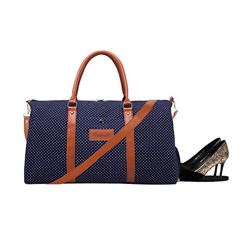 DESPERT Bolso de Fin de Semana para Mujer, Bolso de Lona de Viaje, Bolso de Lona de Noche, Bolso de Mano para Gimnasio con Correa para el Hombro y Manga de la Carretilla Trasera (Negro) (Azul Oscuro)