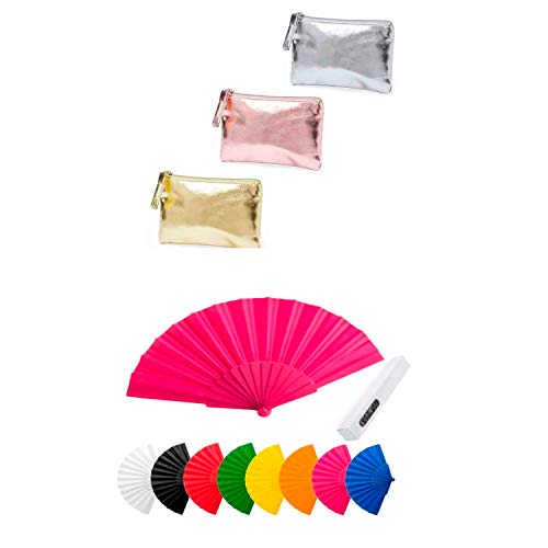 Detalles para invitadas de Boda. 30 monederos metalizados + 30 Abanicos de plástico y tela.Regalo para Bautizo, Comunión y eventos.