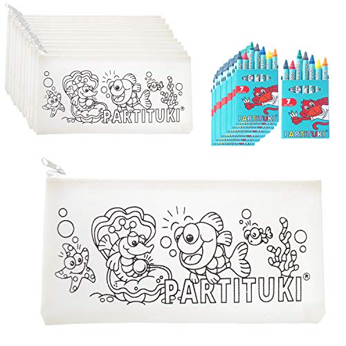 Detalles para Niños Partituki. 20 Estuches para Colorear y 20 Sets de 7 Ceras de Colores. Detalles Fiestas Infantiles. Con Certificado CE de no Toxicidad