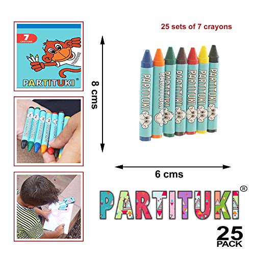 Detalles para Niños Partituki. 25 Cajas de 7 Ceras de Colores. Regalitos y Detalles Fiestas Infantiles. Con Certificado CE de no Toxicidad