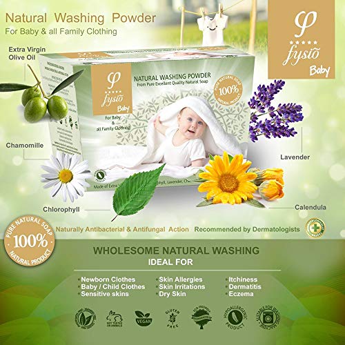 Detergente en Polvo para Ropas de Bebé - Fabricado a partir de Jabones de Aceite de Oliva Enriquecidos con Clorofila, Extracto de Manzanilla, Lavanda y Caléndula. Adecuado para lavado a mano o a máquina - Ideal para personas con problemas de alergias