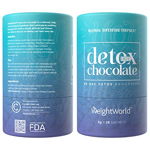 Detox Adelgazante Chocolate Caliente Desintoxicante - Para Adelgazar y Las Eliminar Toxinas, Con Garcinia Cambogia y L-Carnitina, Inhibidor de Apetito, Más Sabroso y Gustoso que un Té, 28 Sobres