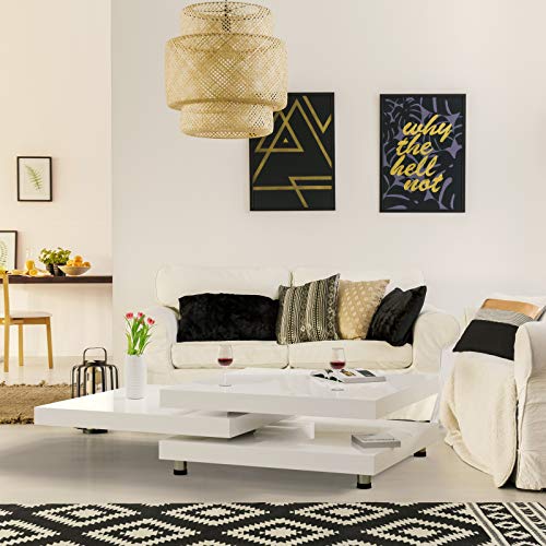 Deuba Mesa de Centro Moderna y Blanca mesita lacada Brillante 76 x 76 cm bandejas giratorias 360° auxiliar comedor salón