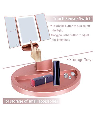deweisn Espejo Maquillaje con Luz, Profesional Espejo Cosmético 36 LED Luces Naturales con Intensidad Ajustable Pantalla Táctil Espejo de Mesa Ampliación 1X / 2X / 3X Plegable Rotación 180°para Mujer