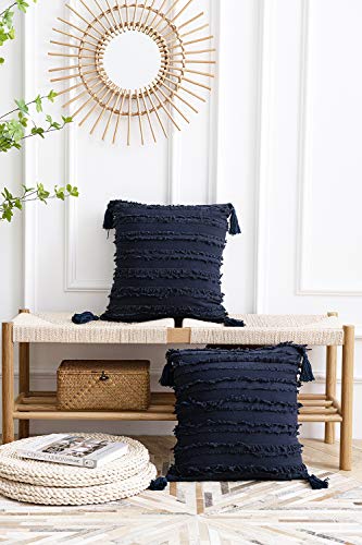 DEZENE Fundas de Almohada Azul Marino: Paquete de 2 Fundas de Almohada Decorativas Cuadradas de Lino de Algodón con Rayas Boho de 45x45 cm con Borlas para Sofá de Sofá de Granja