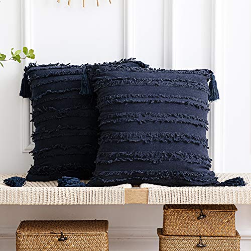 DEZENE Fundas de Almohada Azul Marino: Paquete de 2 Fundas de Almohada Decorativas Cuadradas de Lino de Algodón con Rayas Boho de 45x45 cm con Borlas para Sofá de Sofá de Granja
