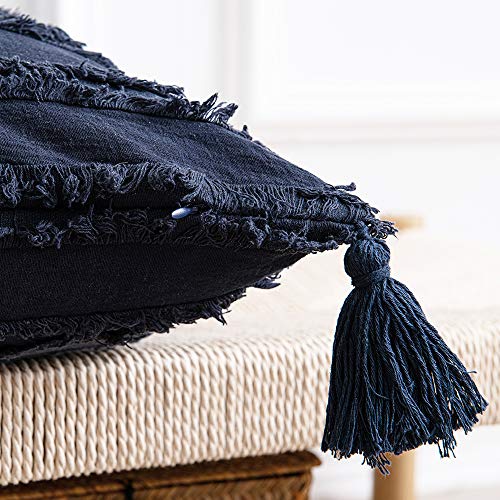 DEZENE Fundas de Almohada Azul Marino: Paquete de 2 Fundas de Almohada Decorativas Cuadradas de Lino de Algodón con Rayas Boho de 45x45 cm con Borlas para Sofá de Sofá de Granja