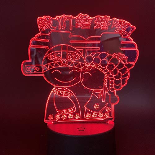 DFDLNL Lámpara 3D Nos Estamos casando Logotipo Boda China para Amantes Regalo Cambio de Color a batería con luz de Noche LED
