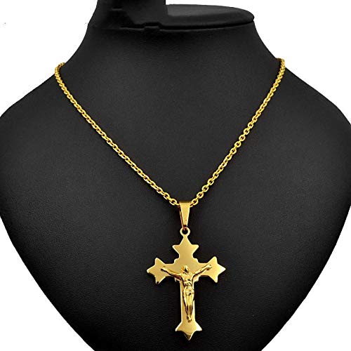 DFGHJK Collar Colgante de Cruz de Jesucristo de Acero Inoxidable Cadena de eslabones ovales Color Plateado Chapado en Oro Hombres Suéter de Cadena Regalos de Oro