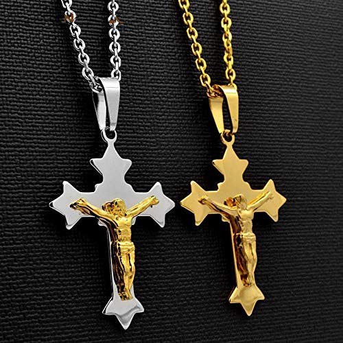 DFGHJK Collar Colgante de Cruz de Jesucristo de Acero Inoxidable Cadena de eslabones ovales Color Plateado Chapado en Oro Hombres Suéter de Cadena Regalos de Oro