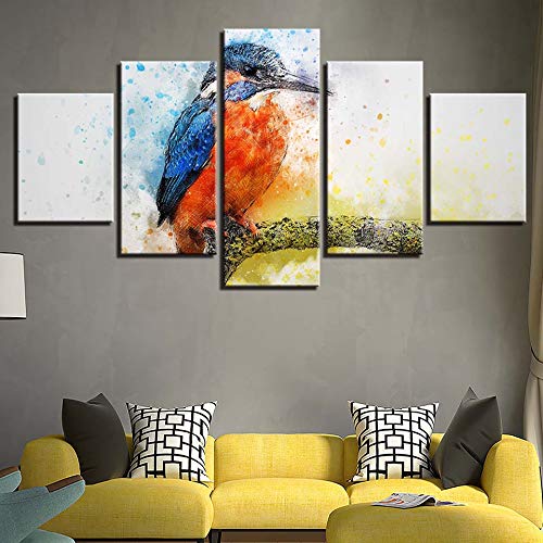 DGGDVP Pintura sobre Lienzo Decoración para el hogar Arte de la Pared Impresiones en Alta definición Animal Común Martín Pescador Imágenes 5 Piezas Resumen Alcedo Atthis Tamaño del póster 1 Sin Marco