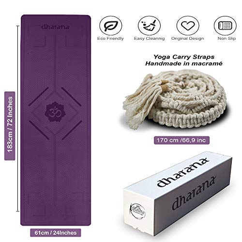 Dharana Esterilla Yoga Mat Antideslizante Profesional- Colchoneta Gruesa para Deportes - Gimnasia Pilates Fitness - Ecológica - Accesorio Correa Tejida de Macramé para Trasportar (Purpura)