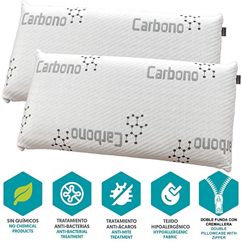 DHestia - Almohada Viscoelástica Carbono Activo Anti Malos Olores y Anti Humedades Doble Funda ViscoActive. (Pack 2 uds 75 cm)